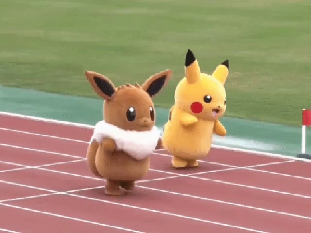 eevee and pikachu are running on a track together