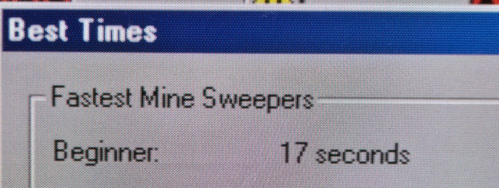 A cropped screenshot of Minesweeper best times on Windows 98 showing a Beginner record of 17 seconds.