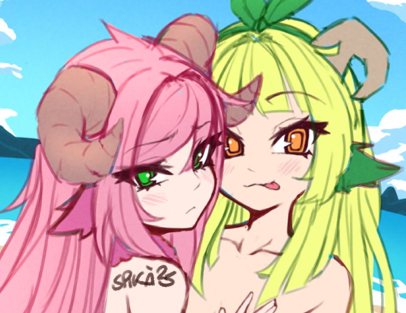 Sheep girls Elena and Mika enjoying the sun together on the beach. Elena is confused about her own sexuality due to Mika's constant flirting. 