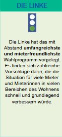 Die Linke hat das mit Abstand umfangreichste und mieterfreundlichste Wahlprogramm vorgelegt. Es finden sich zahlreiche Vorschläge darin, die die Situation für viele Mieter und Mieterinnen in vielen Bereichen des Wohnens schnell und grundlegend verbessern würde.