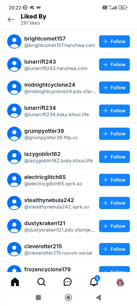 A screenshot of the likes on the above post. The names of the users (e.g. "lunarrift243", "lazygoblin162", "cleverotter215") indicate that they may be bots.