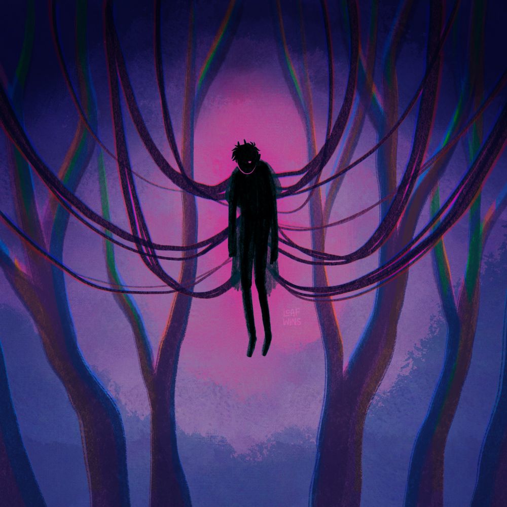 A digital painting of a silhouetted figure suspended by vines in a purple magical forest. The figure looks lifeless except for one glowing pink eye which stares directly at the viewer.