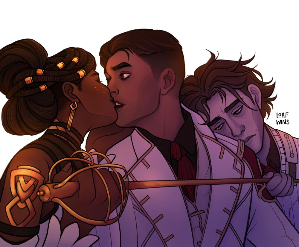 A digital painting of Mel, Jayce, and Viktor from Arcane, referencing the iconic Twelfth Night promo photo. Jayce is in the middle, looking caught off guard, as Mel kisses him. In Mel’s hand she has a golden sword that she’s holding over Jayce’s chest, and Viktor is slumped on Jayce’s shoulder, holding the end of the blade against his heart.
