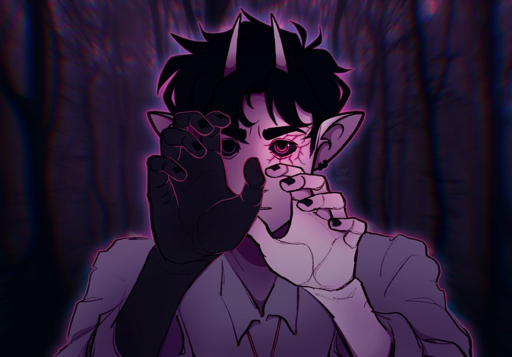 A digital painting of Thistle, a Shadow Elf. He is staring at the viewer with his hands over his face. Only one eye is visible and it is glowing pink and scarred around the edges. One hand is black and the other is white like his skin. Behind him is a psychedelic image of a purple forest which looks to be spinning or in motion.
