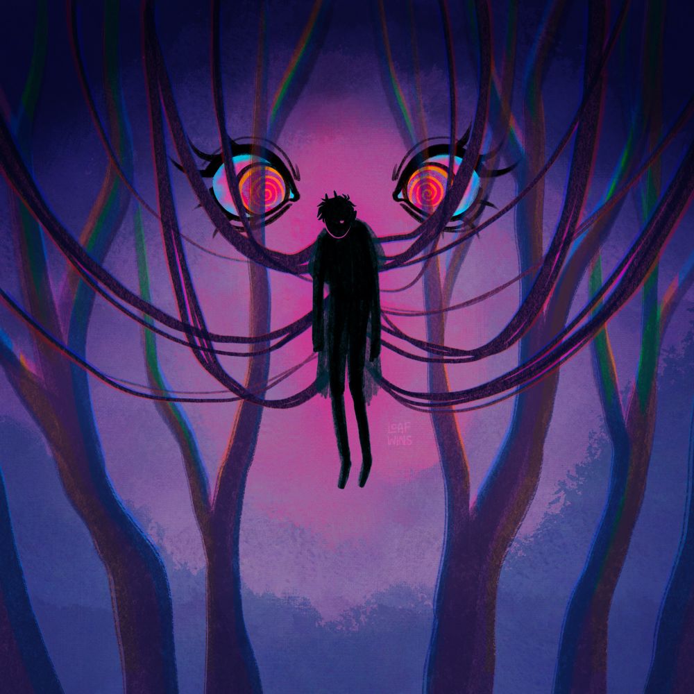 A digital painting of Thistle, a Shadow Elf. He is in silhouette and suspended high up in the trees by black vines or tendrils. He looks limp and lifeless but his pink eye still glows. Behind him in the gloomy purple forest are a pair of bright pink spiral eyes staring down at him.