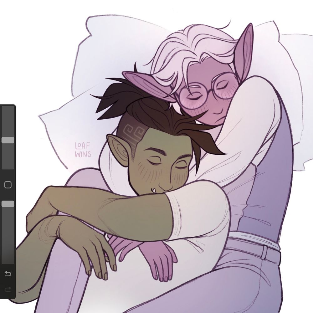A digital painting of two D&D characters sleepily cuddling. Francis is a changeling drow with purple skin, short white hair and big round glasses. He wears a grey-lilac waistcoat and white shirt. Francis is holding Athel who is resting his head on Francis’ stomach. Athel is a half-orc with green skin and black hair in a ponytail. They look happy and at peace.