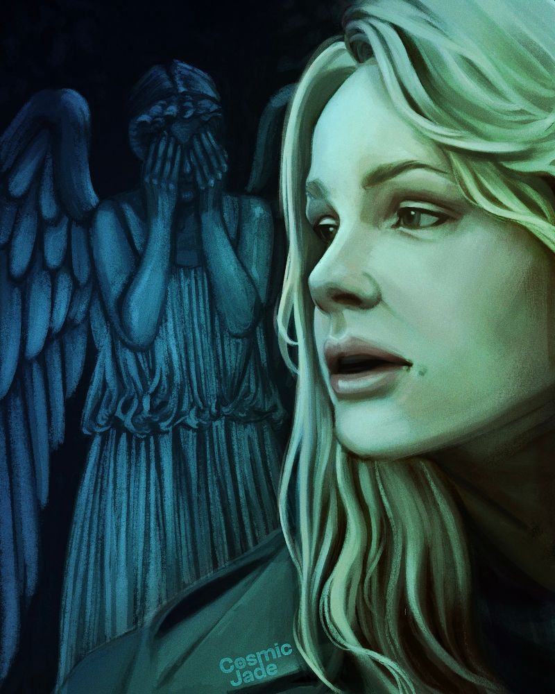 digital fanart for the Doctor Who episode "Blink". The main character, Sally, is on the right side of the piece, looking towards the left. Behind her, the Weeping Angel statue is covering its eyes. The piece is rendered in pale green & dark blue.