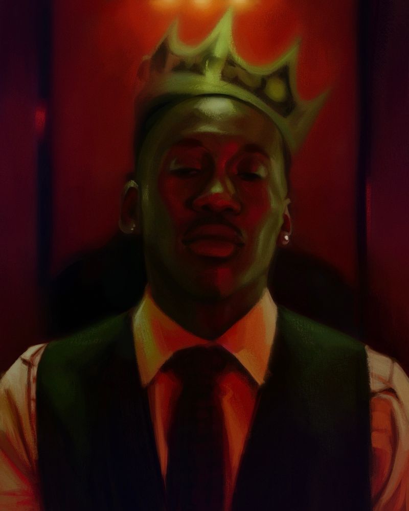 digital portrait of Cornell 'Cottonmouth' Stokes from the show Luke Cage. He's wearing a white shirt, black tie & black vest. He's lit by red and green club lights, a crown from the poster behind him appears to be balanced on his head.