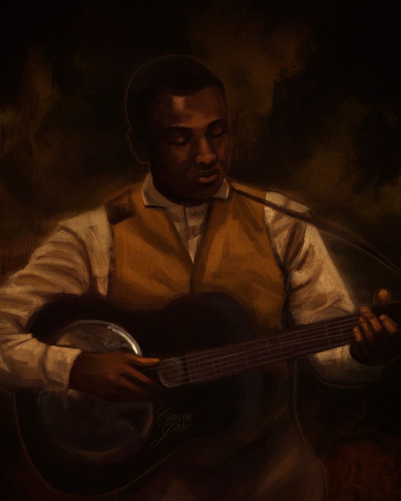 digital portrait of Sammie from Sinners, playing guitar.