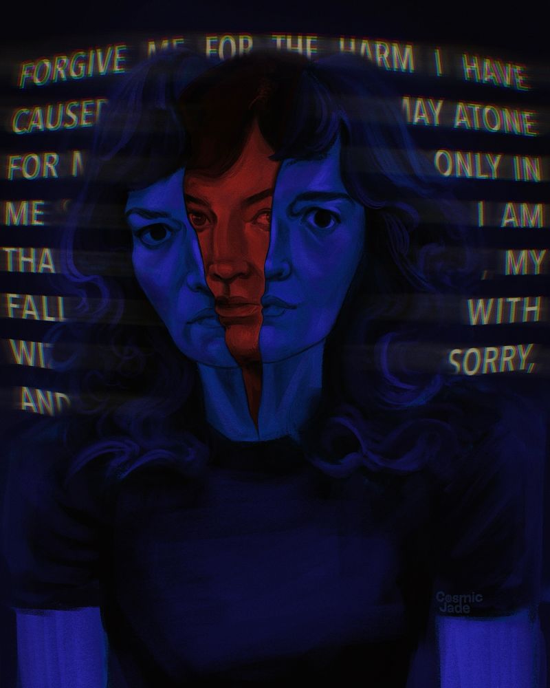 digital portrait of Helly R from Severance, rendered in blue. Her face is split down the middle, with another version of her - Helena Eagen - emerging, rendered in red.