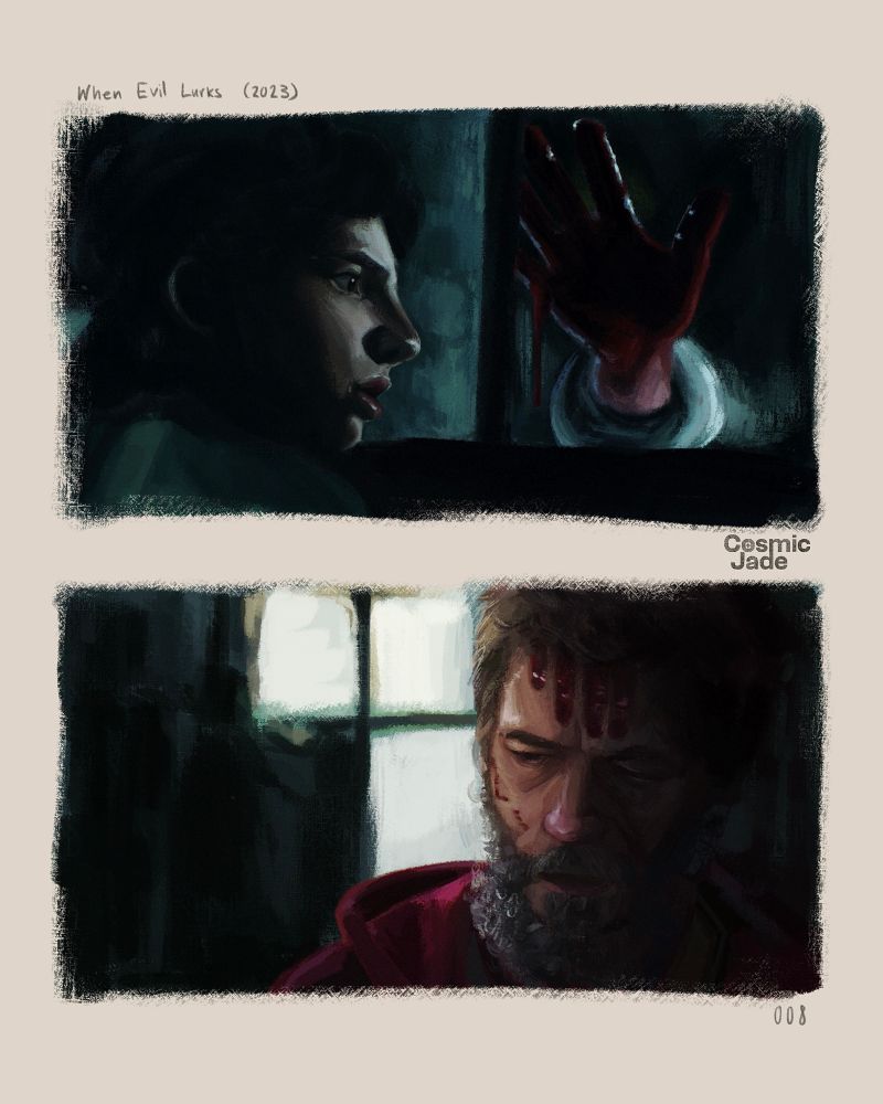 Two digital studies of still from the film 'When Evil Lurks'.

In the first, a boy is sitting in a car with a scared expression on his face, a bloodied hand pressed up to the window next to him.

In the second, a man has 4 bloody fingerprints on his forehead.