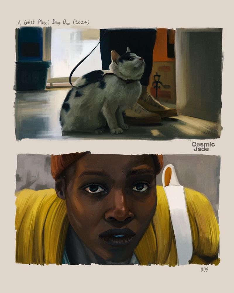 digital art studies of two shots from the film A Quiet Place: Day One.

In the first, a black and white cat sits next to their owners' feet, wearing a leash. 

In the second, the main character (played by Lupita Nyong'o) is looking up. She's wearing a yellow cardigan and orange beanie.