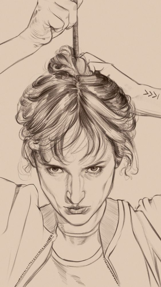 digital sketch of the main character of the film 'TITANE'. She's pushing a hair pin into her hair.