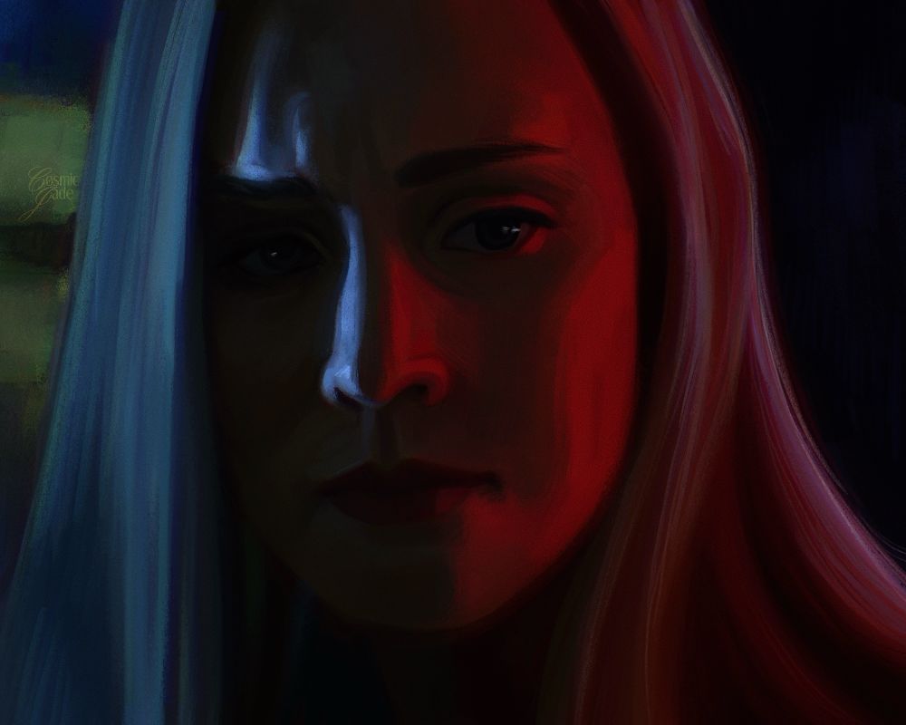 digital portrait of Karen Page from Daredevil, with rich red and blue lighting