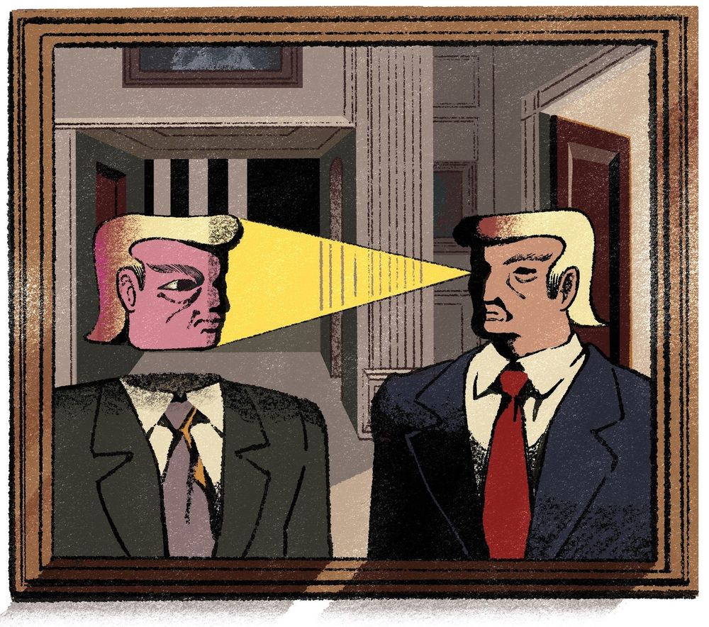 Illustration of two identical blonde-haired men in suits facing each other. One has pink skin with a yellow beam from his eyes, conveying curiosity and tension.