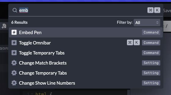 CodePen 2.0 Omnibar showing the "Embed Pen" option
