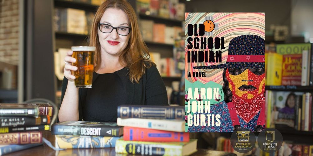 A woman holds a beer surrounded by books, with the book Old School Indian prominently displayed