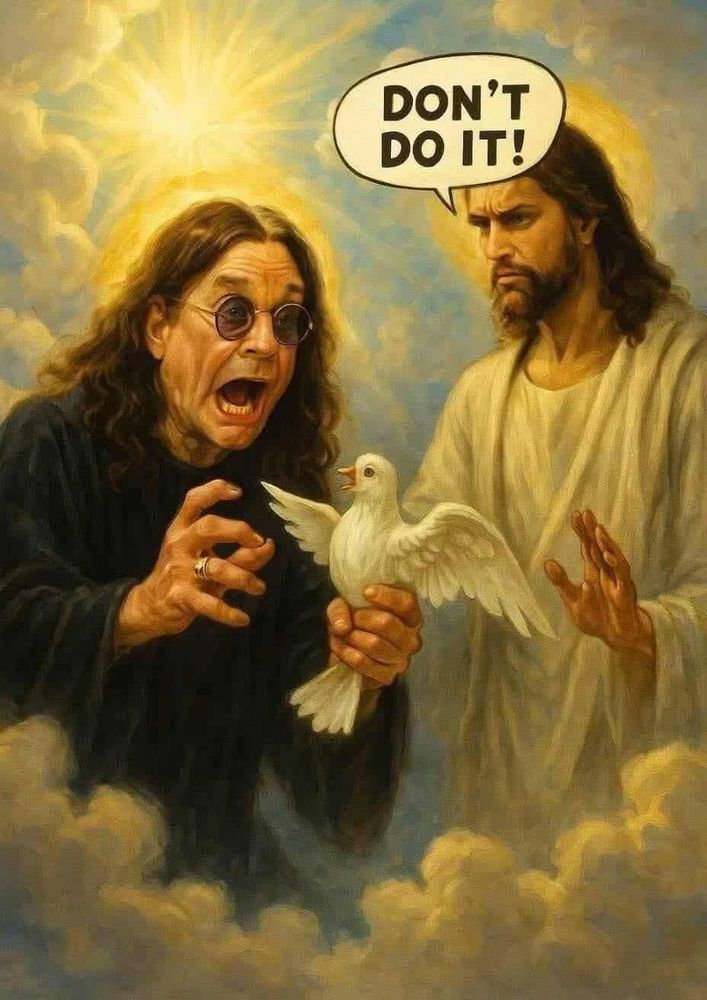 Ozzy Osborne in heaven, he's holding a dove and has his mouth open, menacingly, Jesus is there saying "don't do it!"