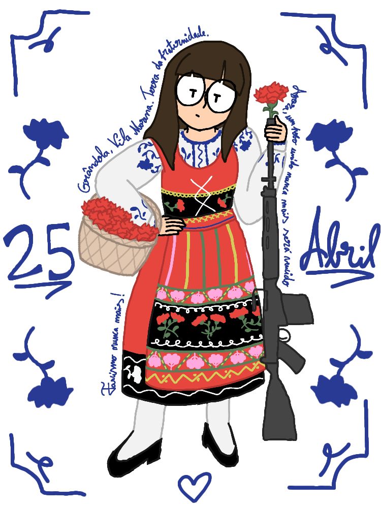Digital drawing of Me, Hannah Portugal, dressed in a traditional Minho outfit, holding a basket of carnations and an Fn-FAL rifle with a carnation placed on the gun barrel, in comemoration of the 25th of April Carnation Revolution