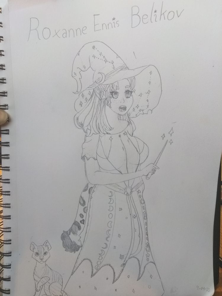 Pencil drawing of a woman with a witch's hat with constellations on it, a magical wans, a sparkly dress, and a snow leopard's tail. She has a cat at her feet, presumably her familiar. 