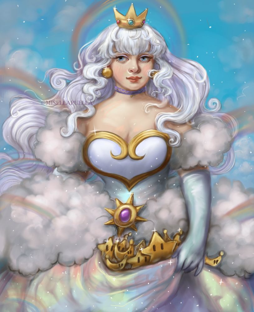 Princess with dreamy, wavy white hair holds up power moons and stars in the skirt of her rainbow-coloured dress. She is surrounded by clouds and rainbows. 