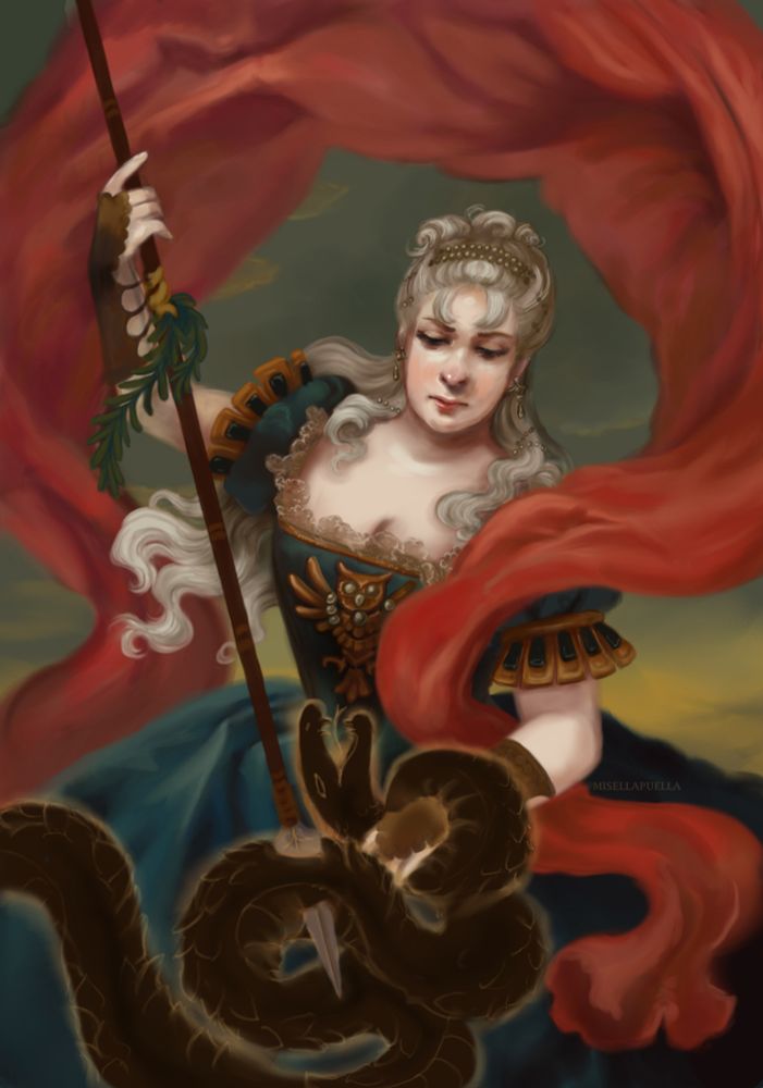 Young woman piercing a serpent with her spear. Her red shawl flies all around.