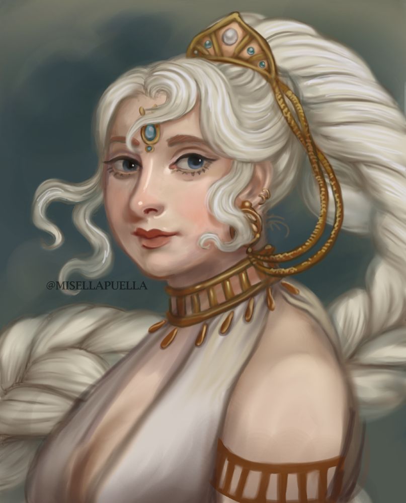 Young woman with long white hair in a braid and golden jewellery.