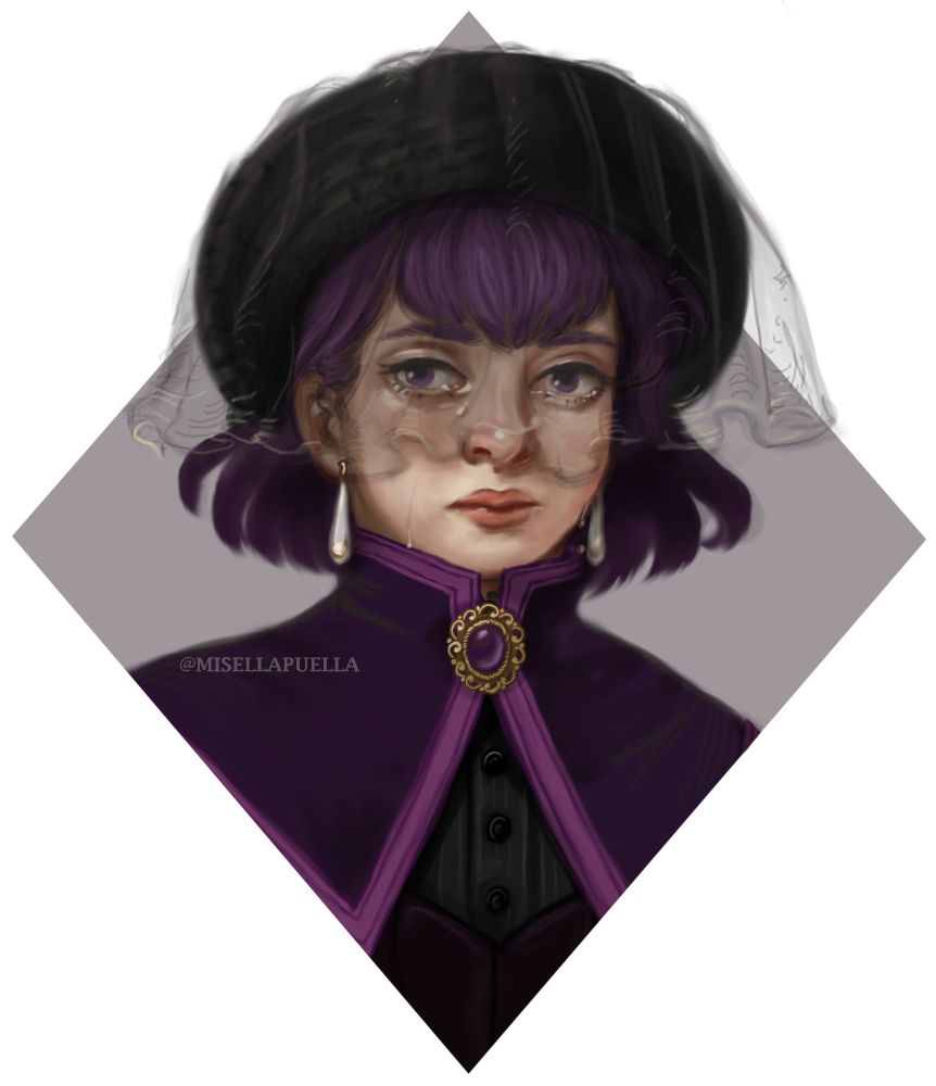 Young woman in mourning, in a simple diamond-shaped portrait. She wears a veil over her face, and a purple cloak, pinned with a gold and amethyst brooch. She regards the viewer morosely, tears dripping from her eyes. 