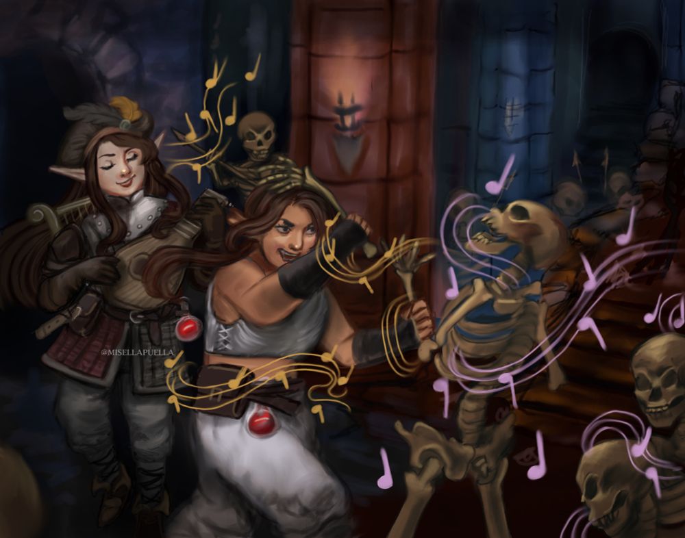 A bard and a barbarian fight skeletons. Maggie punches the skeleton and hits it with its own arm. Elmoira's magic singing is showing as music notes around Maggie and the skeletons. There are ruins in the background