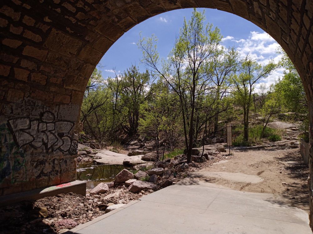 A creek cuts through a small patch of trees, which is growing next to a rocky path. The whole scene is framed by a large tunnel.