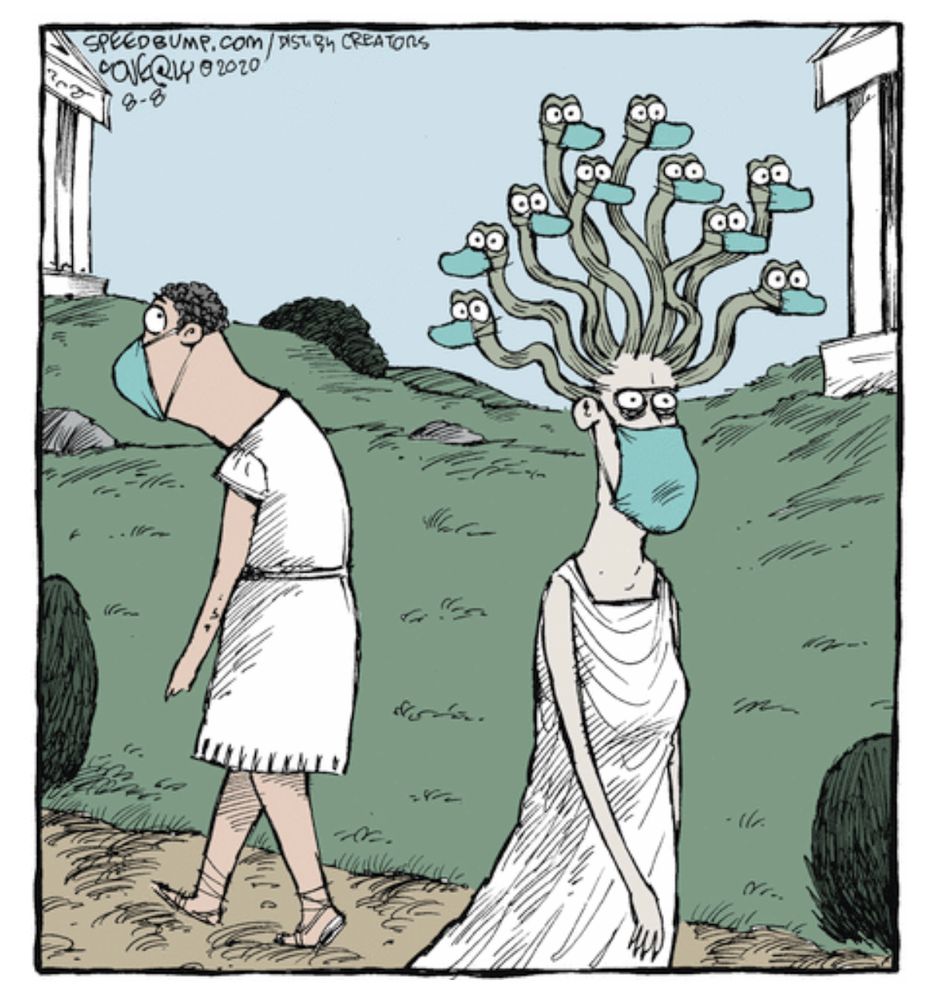 Medusa cartoon where she and all the snake heads in her hair are wearing PPE masks. 