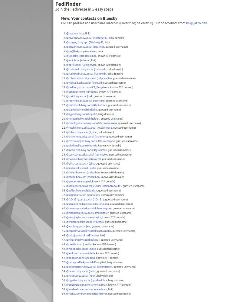 New: Your contacts on Bluesky
URLs to profiles and username matches (unverified; be careful!). List of accounts from bsky.jazco.dev.

    @luca.run (luca, link)
    @aliafonzy.bsky.social (Aliafonzy43, bsky domain)
    @staging.bsky.app (Aliafonzy43, link)
    @arcalinea.bsky.social (arcalinea, guessed username)
    @jay@bsky.app (arcalinea, link)
    @jay.bsky.team (arcalinea, known ATP domain)
    @amir.blue (ashevat, link)
    @april.social (CubicleApril, known ATP domain)
    @ruchowdh.bsky.social (ruchowdh, bsky domain)
    @ruchowdh.bsky.social (ruchowdh, bsky domain)
    @robyncaplan.bsky.social (robyncaplan, guessed username)
    @nickcald.bsky.social (nickcald, guessed username)
    @carlbergstrom.com (CT_Bergstrom, known ATP domain)
    @tdhopper.com (tdhopper, known ATP domain)
    @ixek.bsky.social (ixek, guessed username)
    @replylord.bsky.social (replylord, guessed username)
    @histoftech.bsky.social (histoftech, guessed username)

