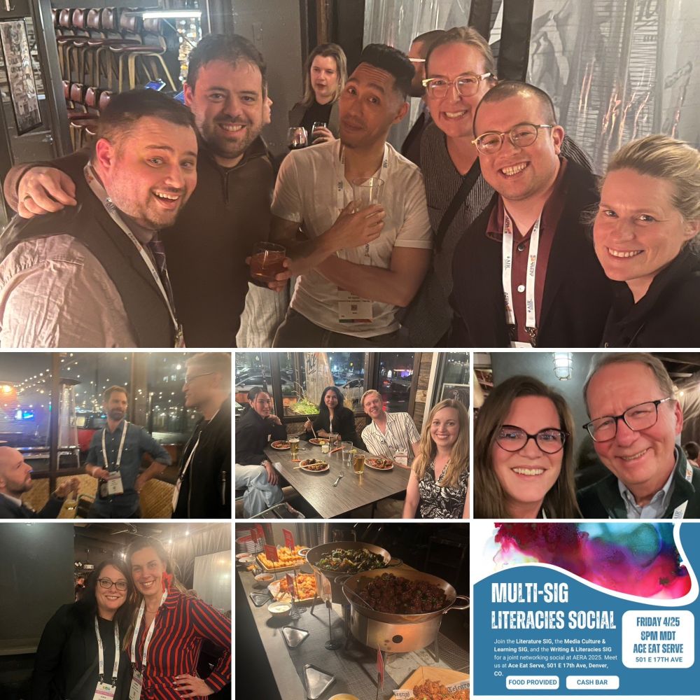 multiple pictures in a grid from a social event, including a picture of the food and people smiling at the camera