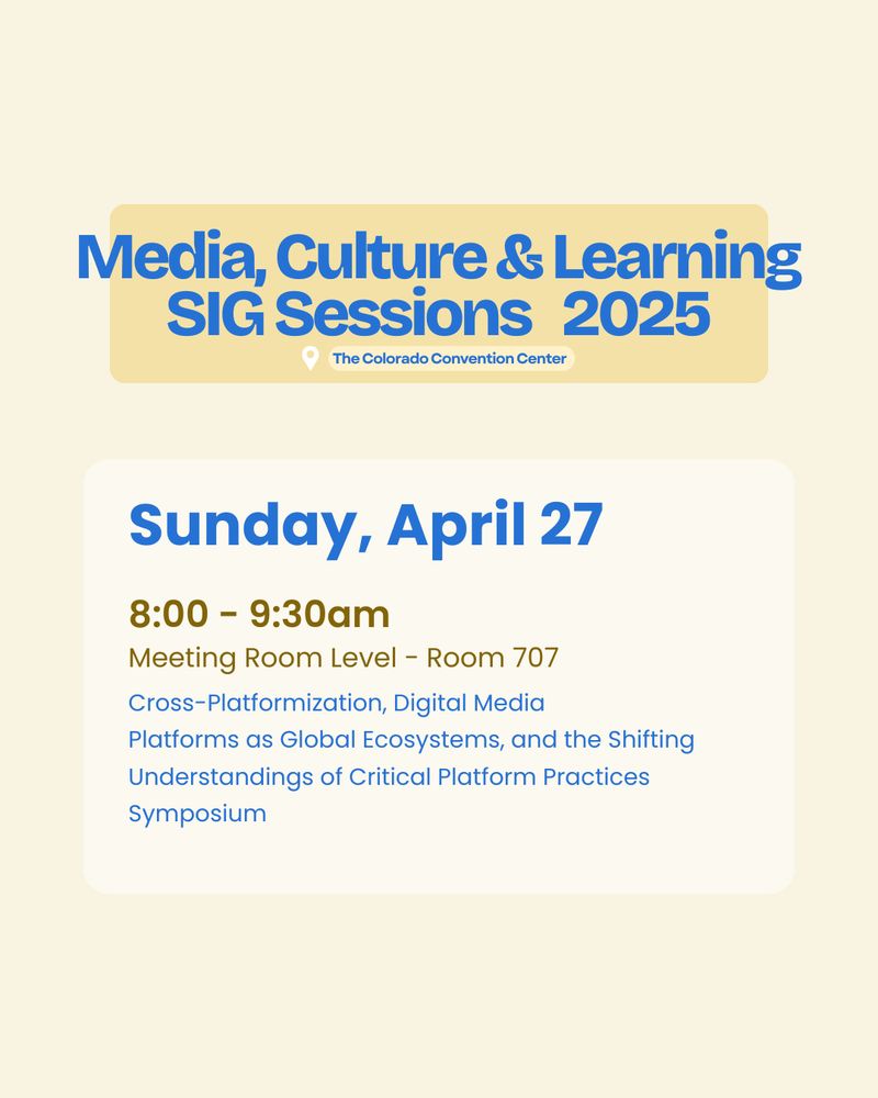 Sunday, April 27
8:00 - 9:30am
Meeting Room Level - Room 707
Cross-Platformization, Digital Media 
Platforms as Global Ecosystems, and the Shifting Understandings of Critical Platform Practices
Symposium
