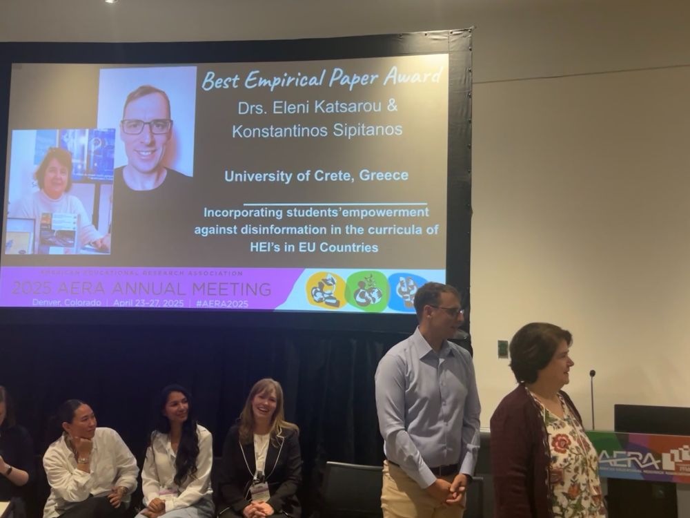screen with the announcement of 2025 Best Empirical Paper Award for  Dr. Eleni Katsarou & Konstantinos Sipitanos's manuscript, “Incorporating students’ empowerment against disinformation in the curricula of HEIs in EU countries"