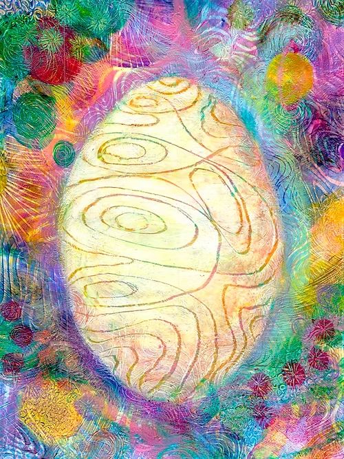 An abstract painting wit a large egg in the center with colorful waves and circles surrounding.
