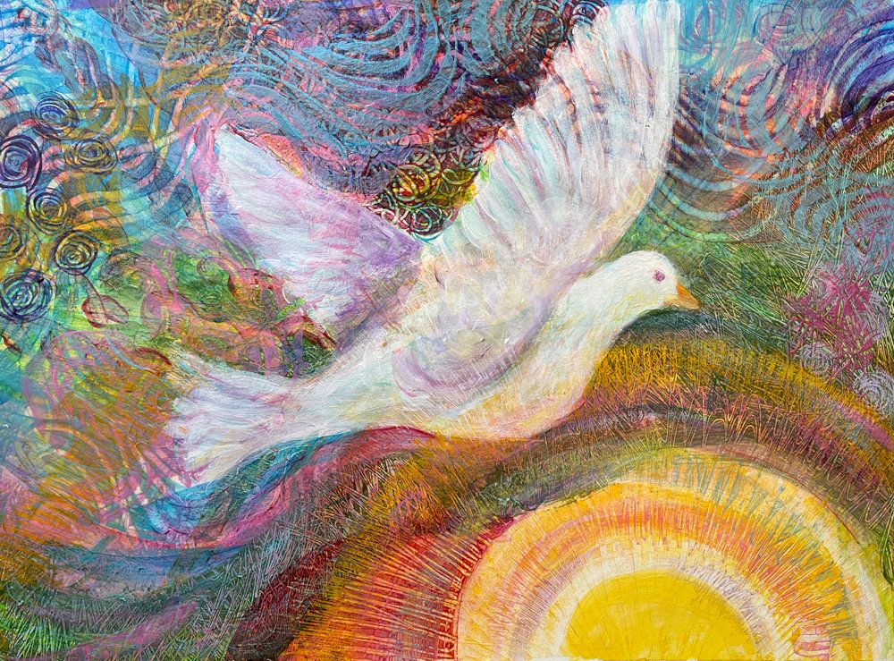 A painting of a white dove above a rising sun.