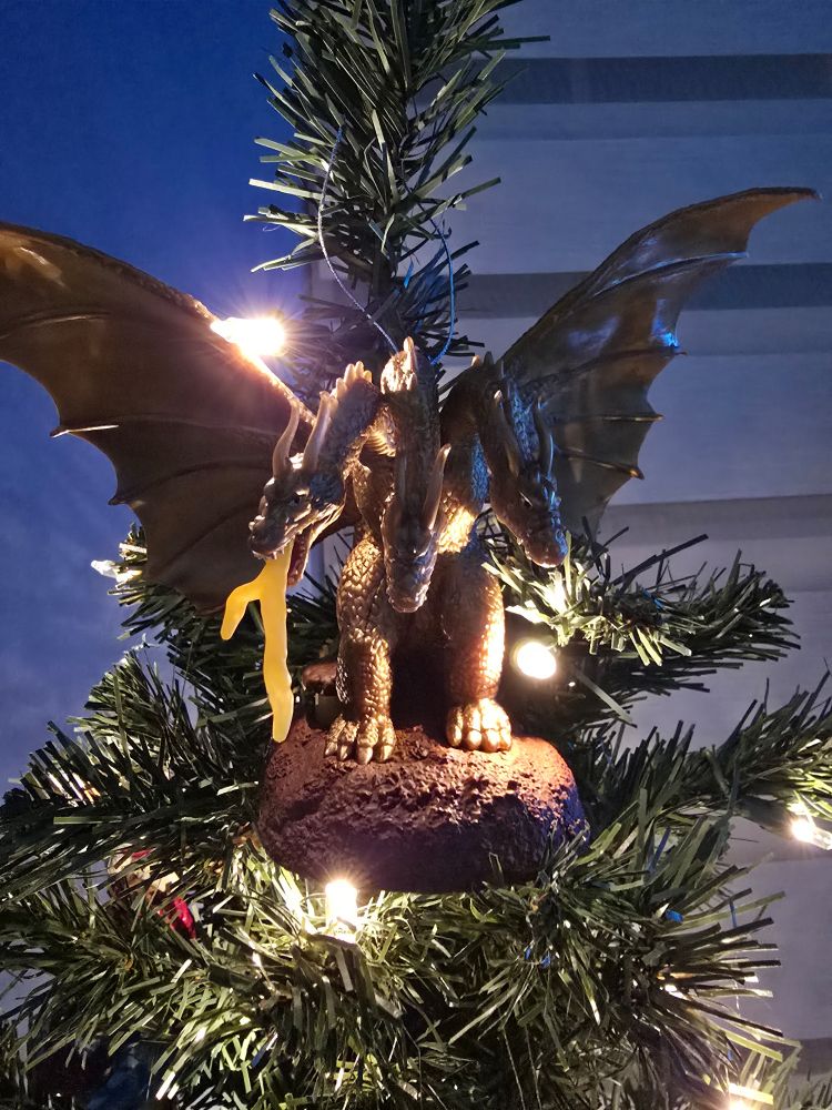 King Ghidorah at the top of a Christmas tree