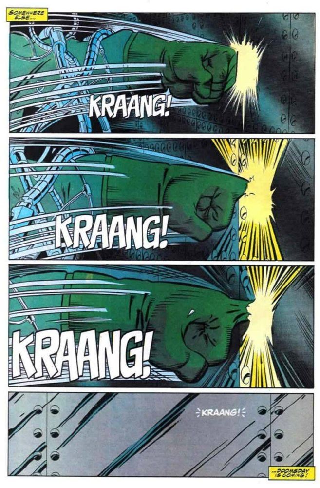 Image of DC character Doomsday's gloved fist repeatedly punching metal.