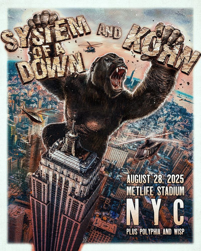 King Kong standing on top of the Empire State Building holding "System of a Down" in one hand and "Korn" in the other.