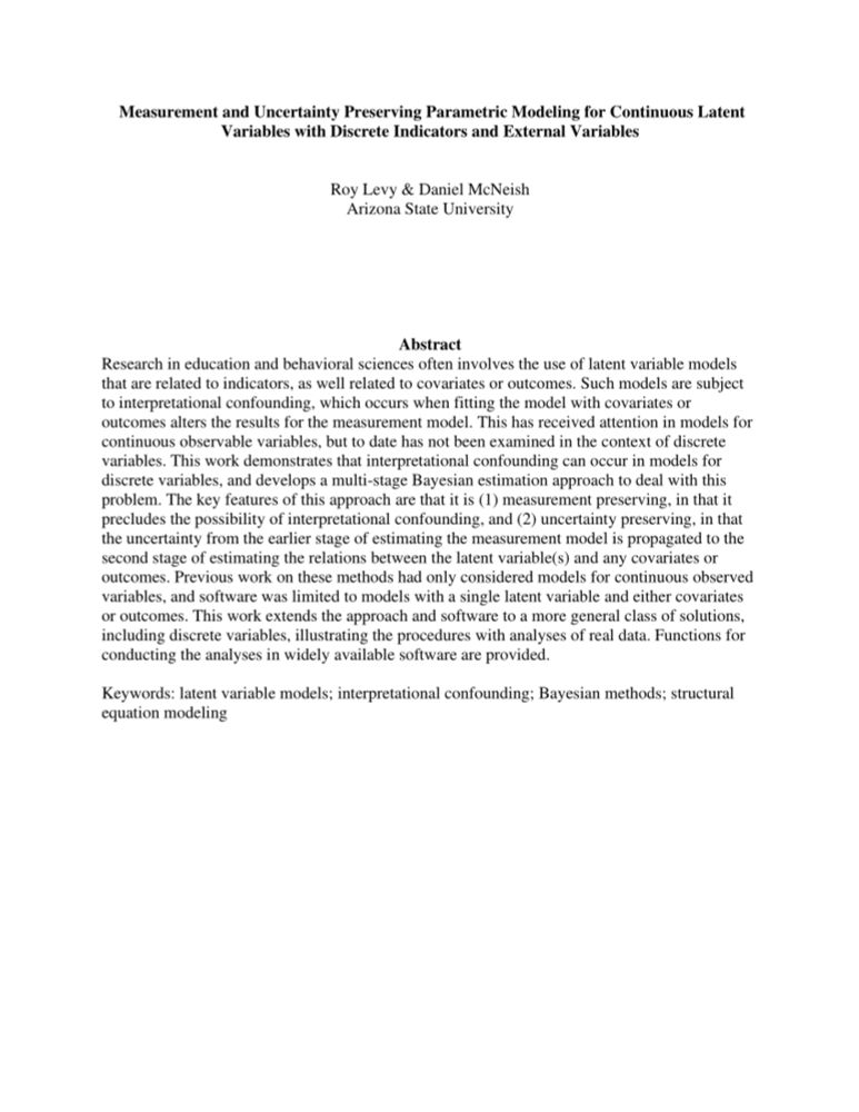 (PDF) Measurement and Uncertainty Preserving Parametric Modeling for Continuous Latent Variables With Discrete Indicators and External Variables