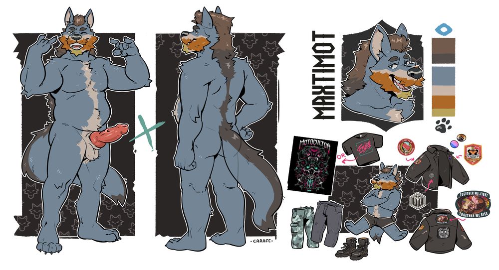 Ref sheet of my fursona, a bit large slate blue wolf with an orange beard with a mutton chop cut but with a blond goatee within, he has brown hair that slightly mix into a black line on the back and on the tail, he has creme undercoat on the torso, belly, and crotch. he has a large knotted penis, and has black claws and pawpads on the hands and feet. On the right can be seen the outfit displayed separately, including t-shirts with wrestling/metal bands logos on it, jeans and camo pants, combat boots, and a vest that has multiple patches on it.

The artwork has been made by Carafe as the signature says.