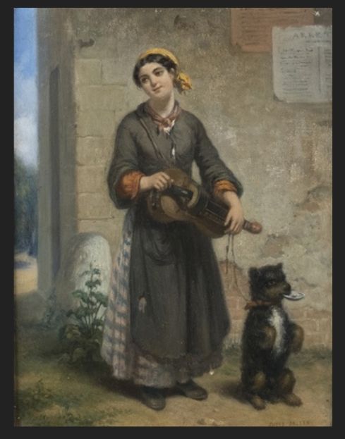 A hurdy-gurdy player with dog. The latter appears to be smoking a pipe.