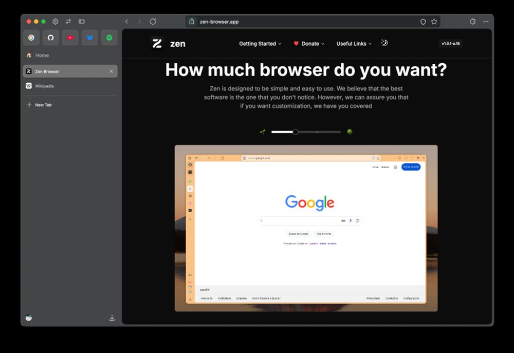 An image of the Zen Browser open on the zen browser homepage(zen-browser.app)