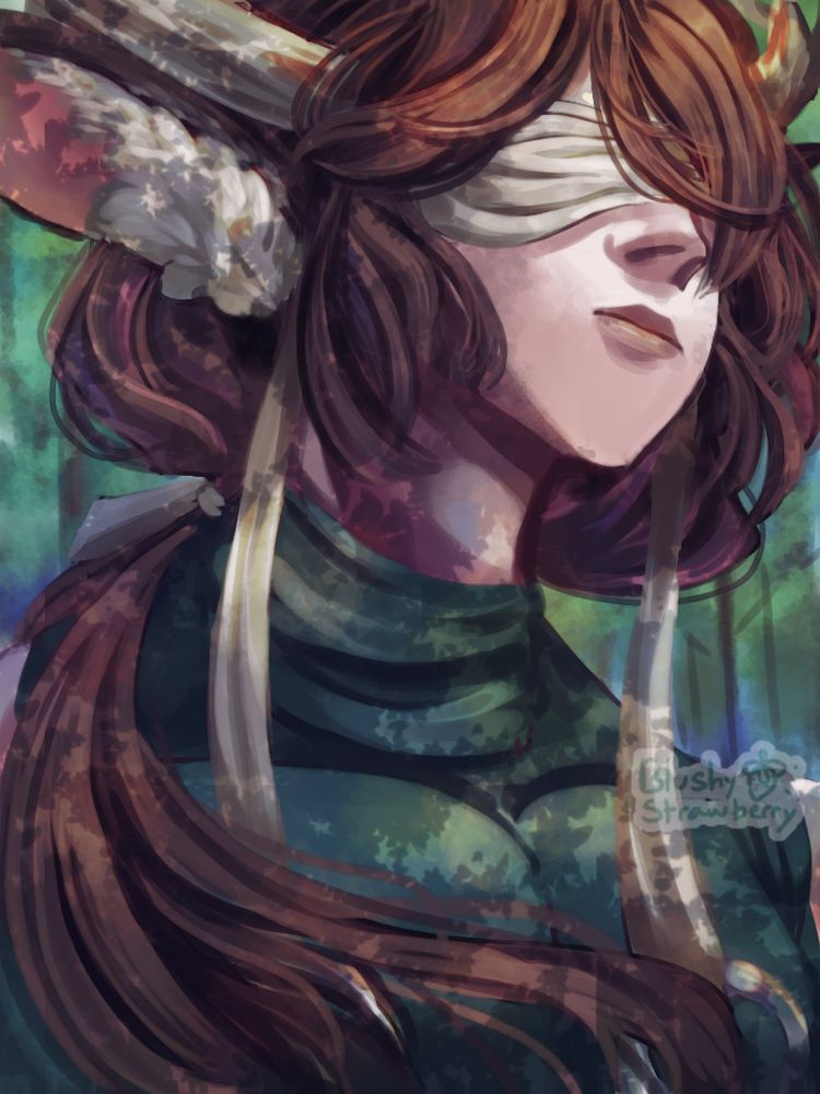 Anthropomorphic girl with deer horns, deer ears, and brown hair in a ponytail from the bust up. She is wearing a green sleeveless turtleneck, a fabric white blindfold, and long fabric earrings with large silver rings on the end. She is standing in a sunny green forest under tree shade.