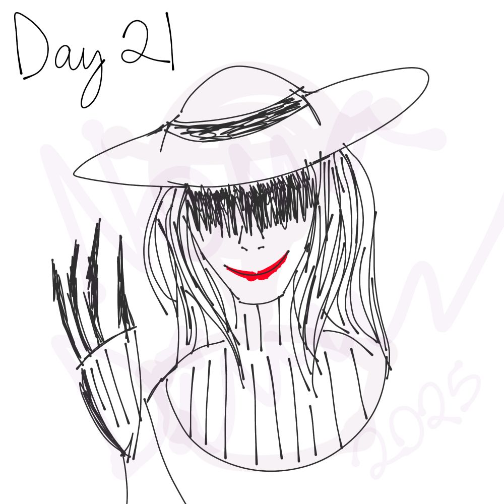 A rough sketch of Kintoru from The Mimic on Roblox. Her hat casts a shadow over the upper half of her face as she holds her right hand up with long, black nails.