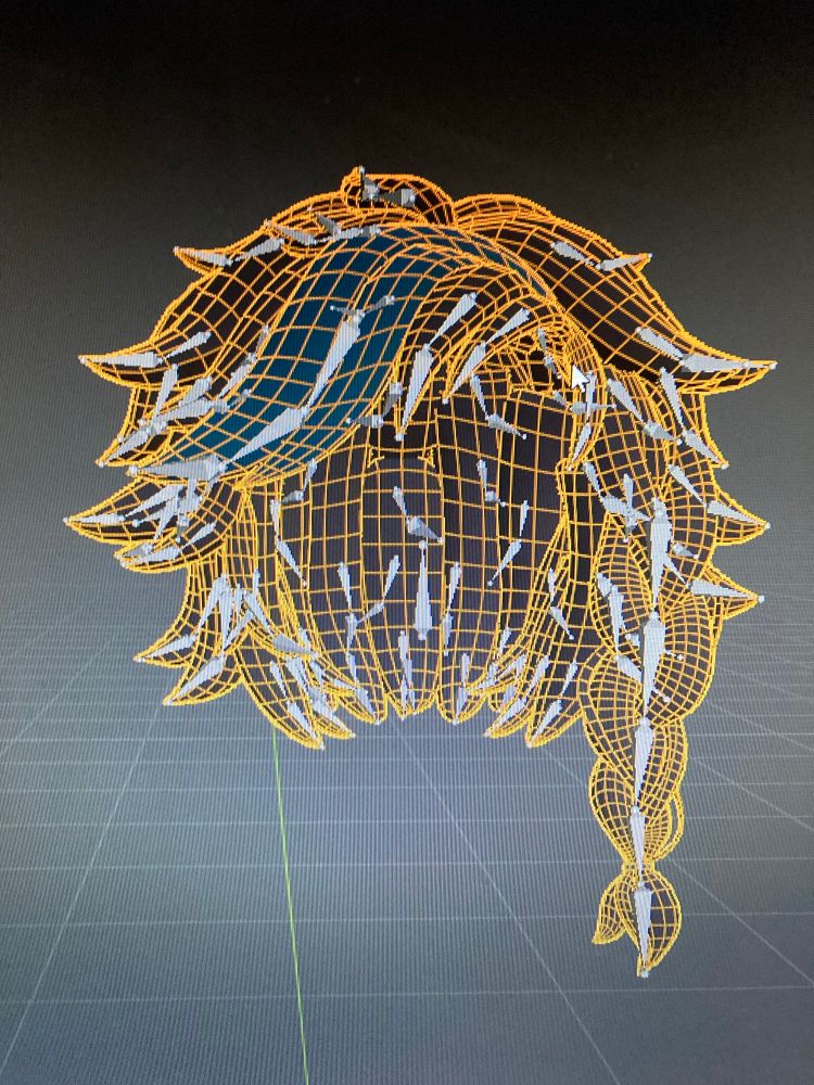 Screenshot of some hair in Blender with a lot of bones