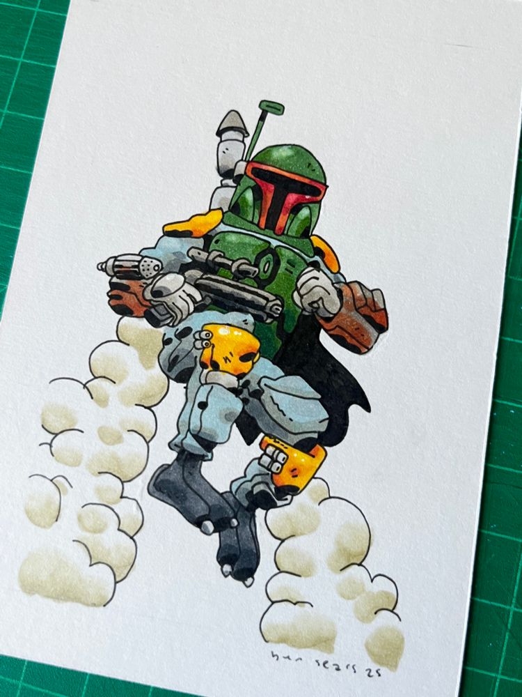 Pen and marker drawing of boba Fett from Star Wars, flying with his jet pack