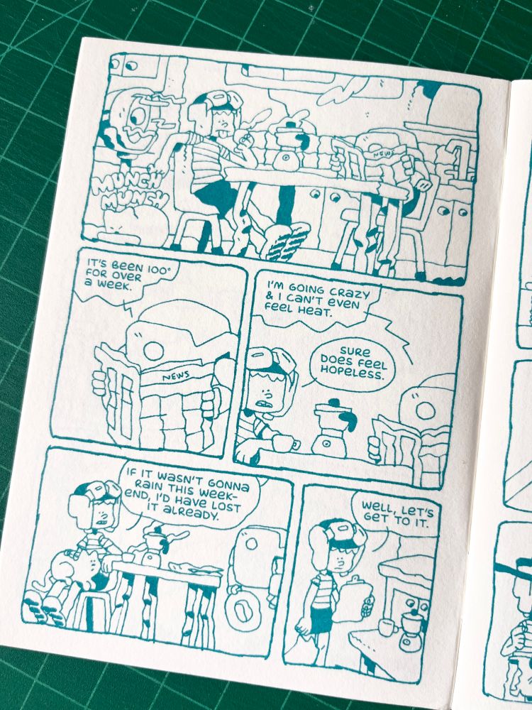 Comic page depicting a kid, a robot, and a cat sitting at the pitching table complaining about the heat 