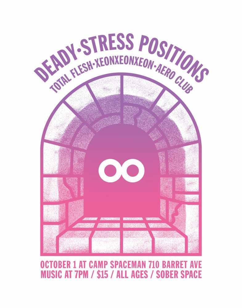Flyer for a show. The illustration is of two big eyes staring out of the shadows at the end of an arched stone hallway. 